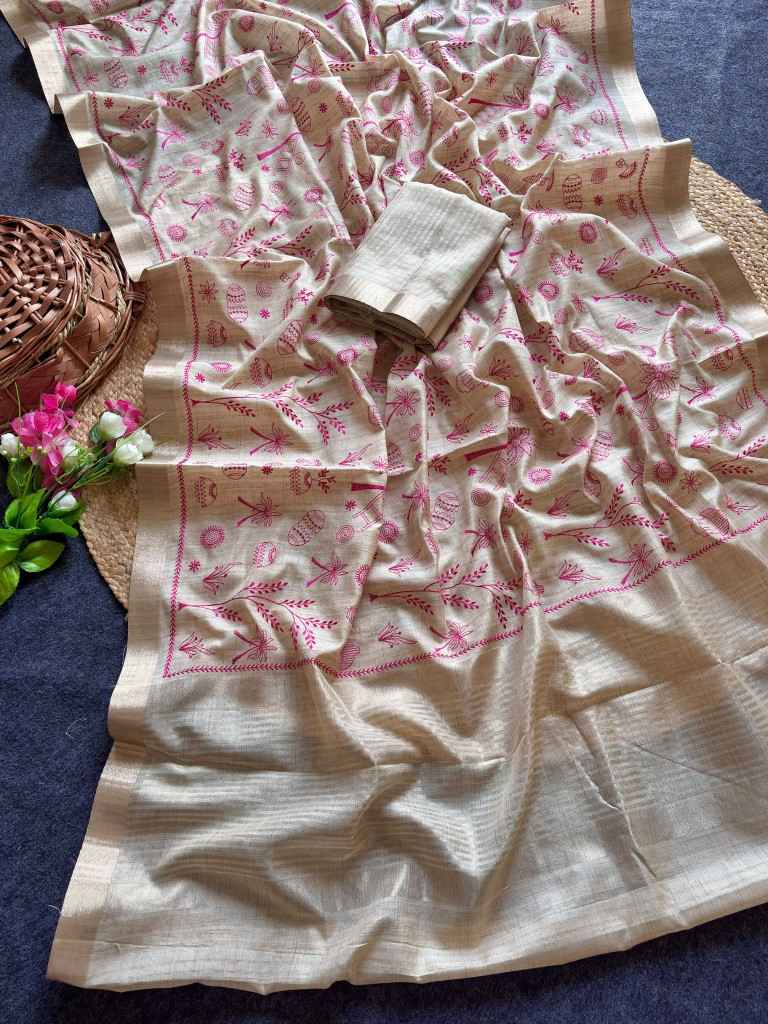 PURE TUSSER SILK EMBROIDERY WORK SAREE