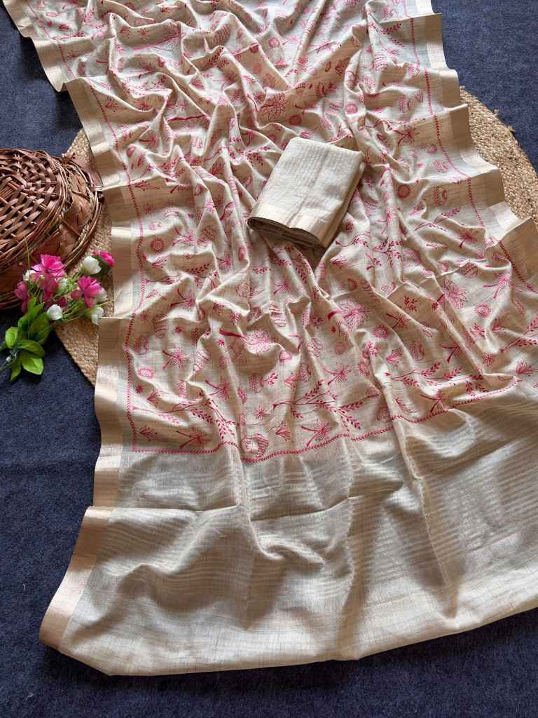 PURE TUSSER SILK EMBROIDERY WORK SAREE