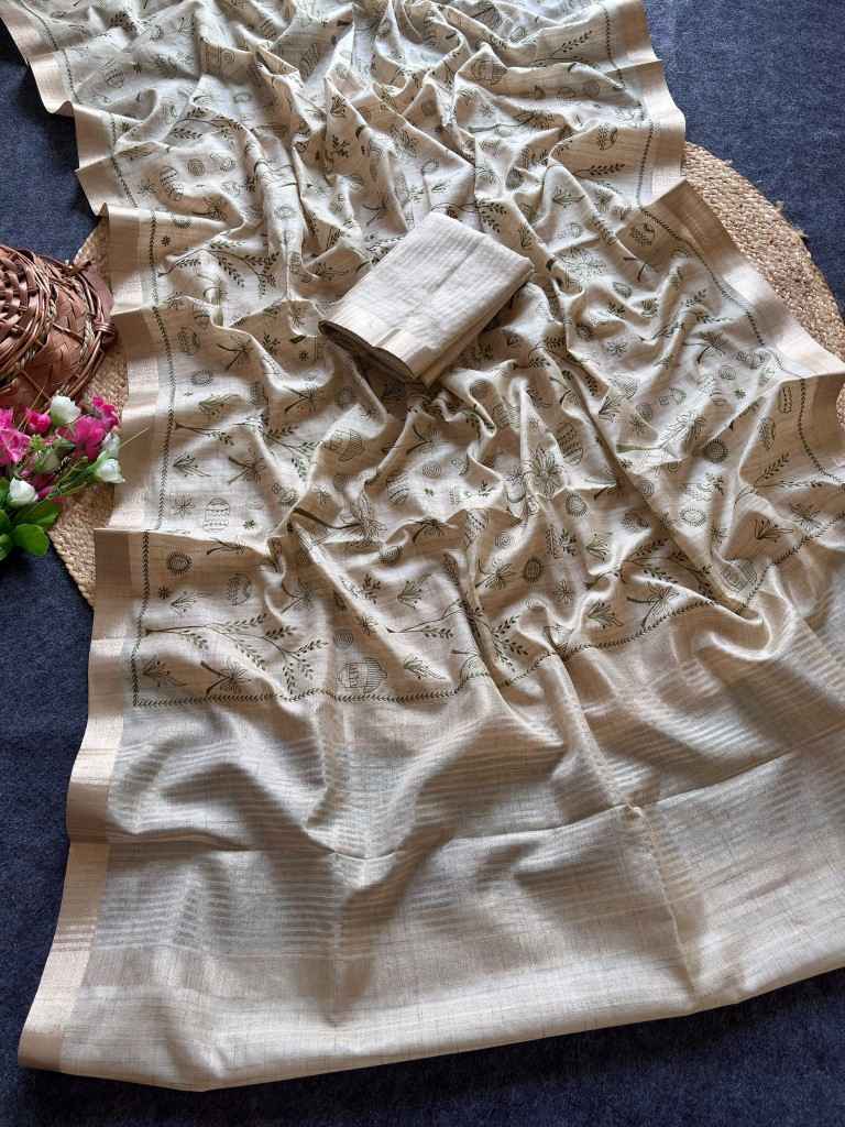 PURE TUSSER SILK EMBROIDERY WORK SAREE