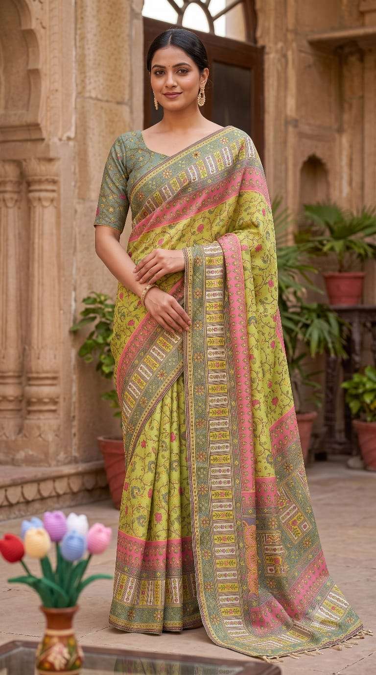 SOFT COSMOS SILK PRINT KATDANA AND MIRROR HAND WORK SAREE