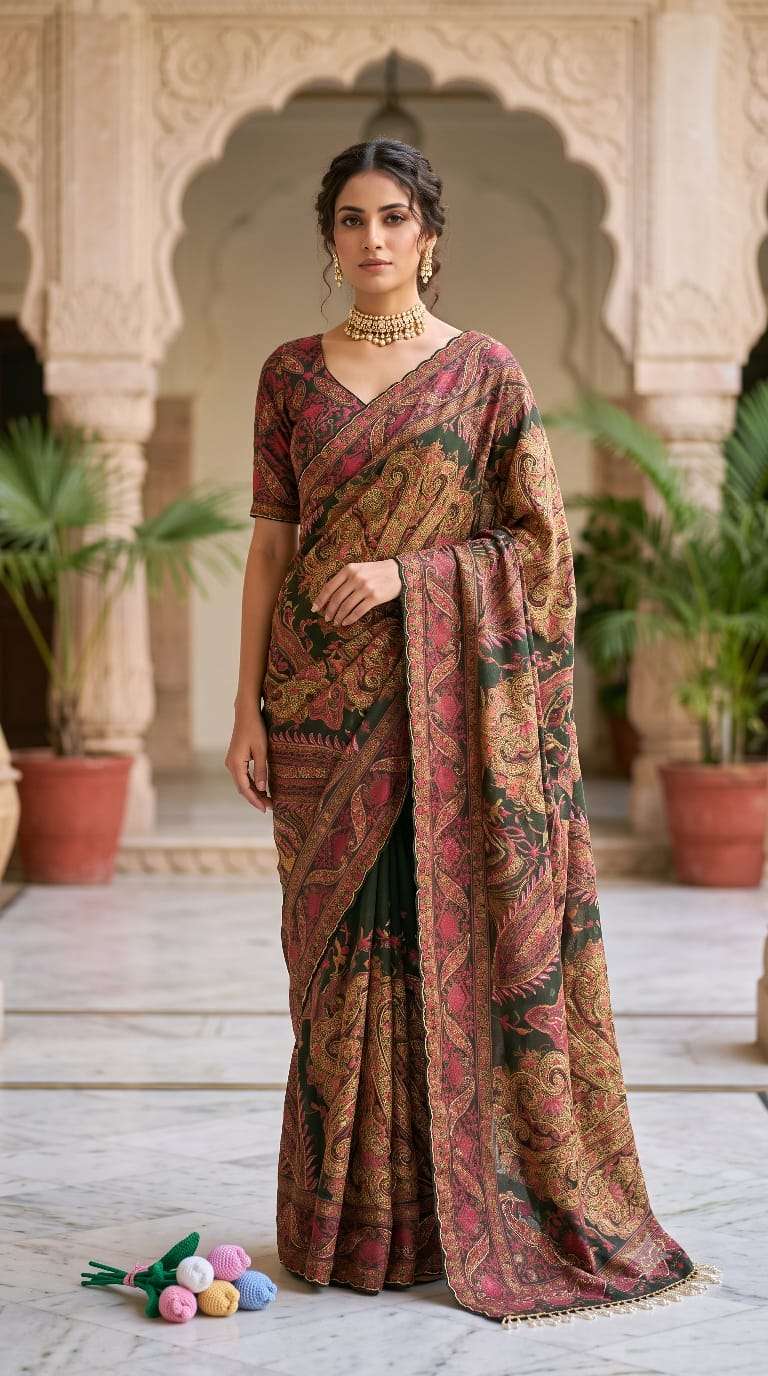 SOFT COSMOS SILK PRINT KATDANA AND MIRROR HAND WORK SAREE