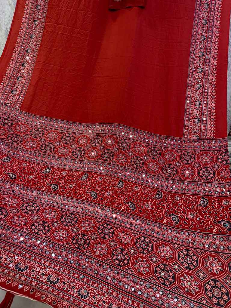 SOFT CREPE SILK AJARAKH PRINT REAL MIRROR WORK SAREE 1