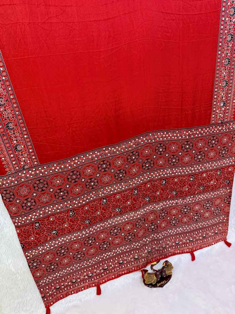 SOFT CREPE SILK AJARAKH PRINT REAL MIRROR WORK SAREE 1
