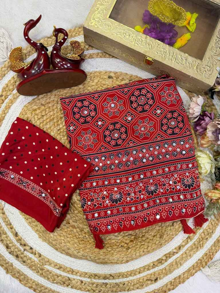 SOFT CREPE SILK AJARAKH PRINT REAL MIRROR WORK SAREE 1