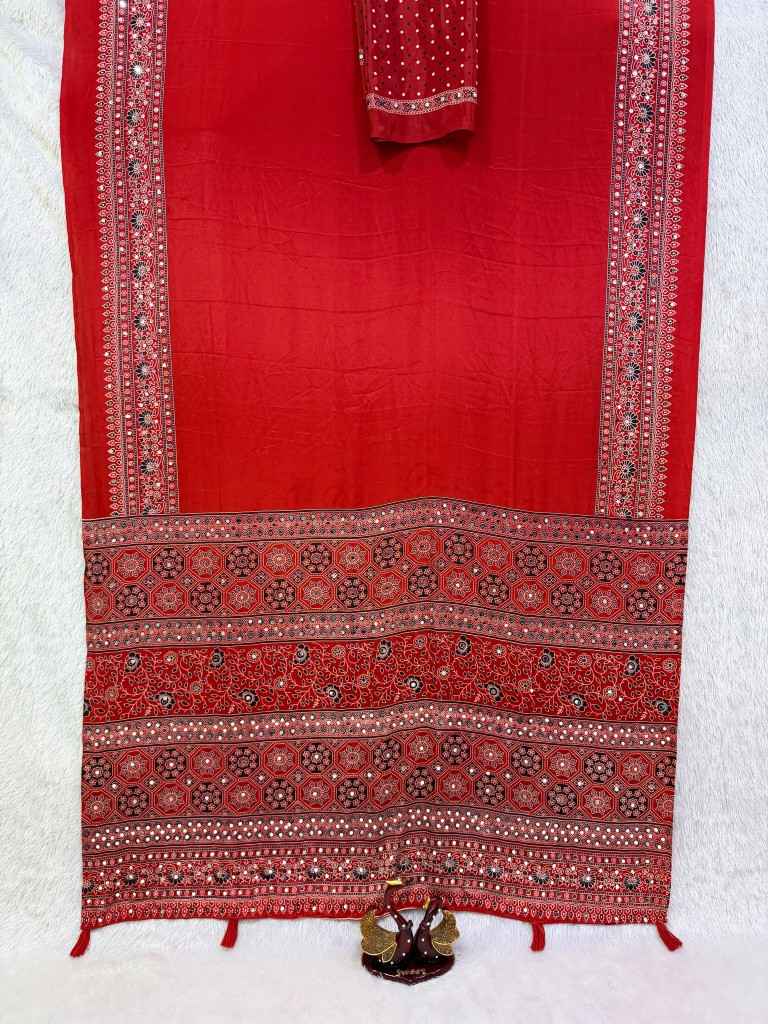 SOFT CREPE SILK AJARAKH PRINT REAL MIRROR WORK SAREE 1