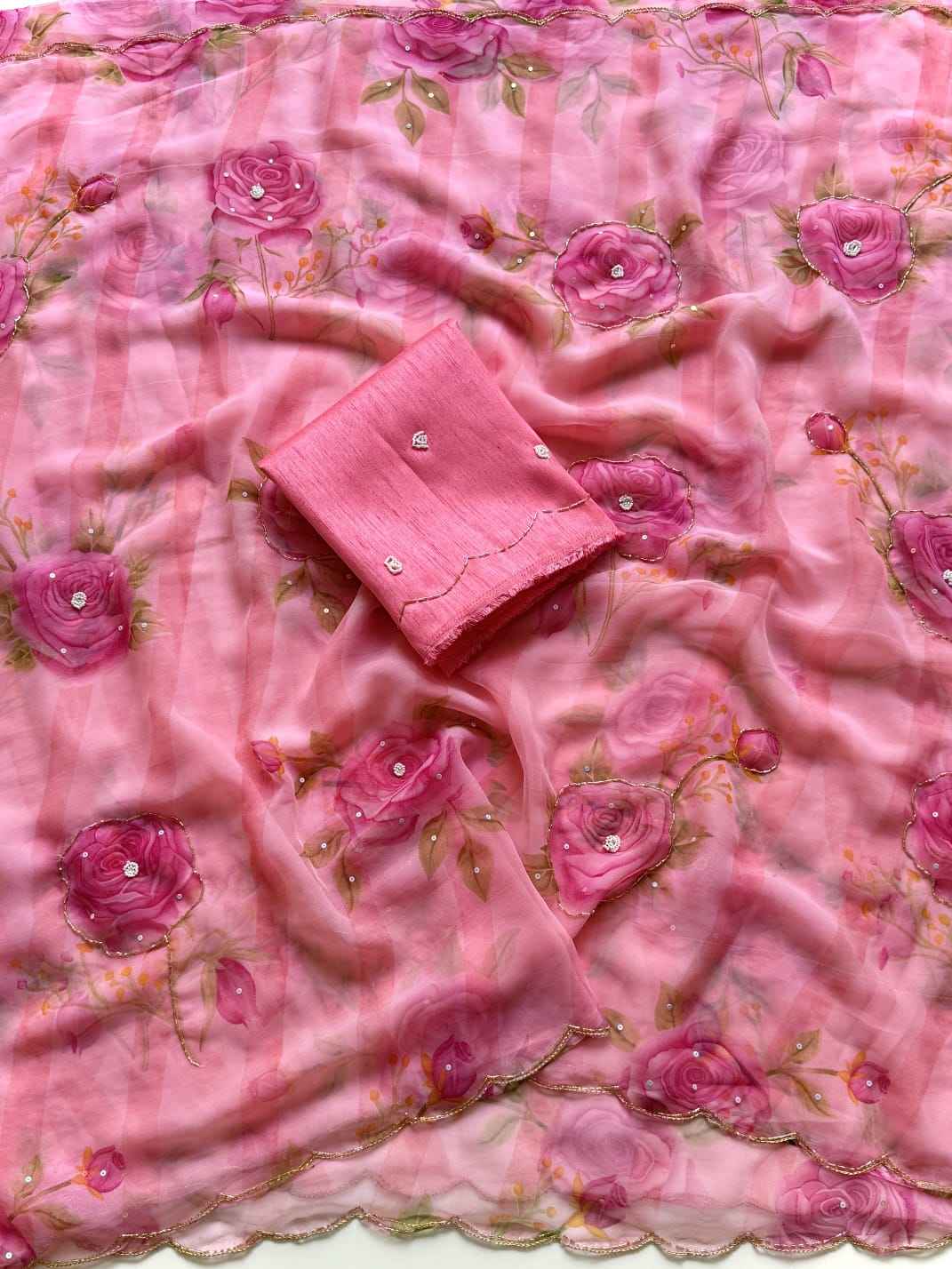 SOFT GEORGETTE FLORAL PRINT KATDANA HANDWORK SAREE