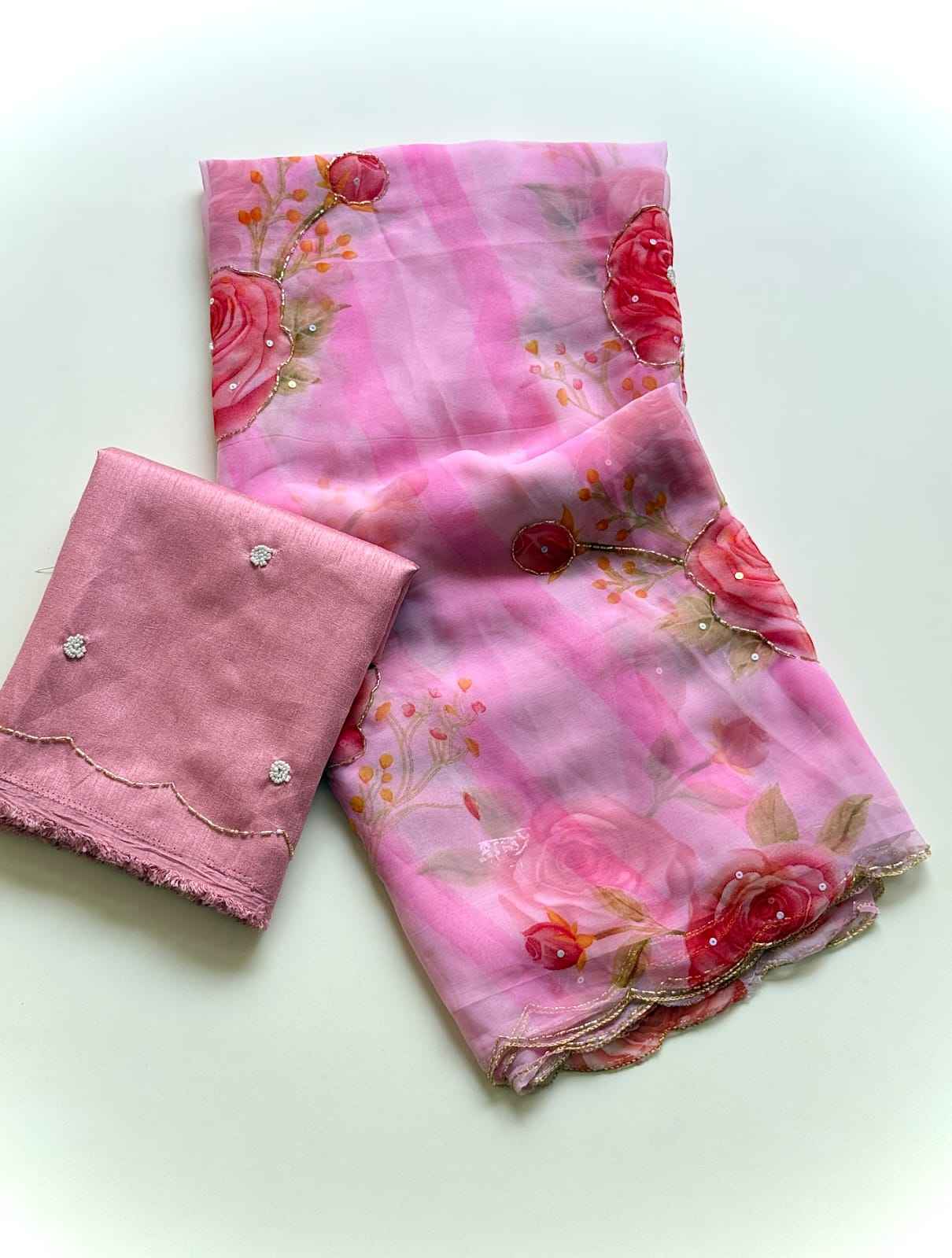 SOFT GEORGETTE FLORAL PRINT KATDANA HANDWORK SAREE