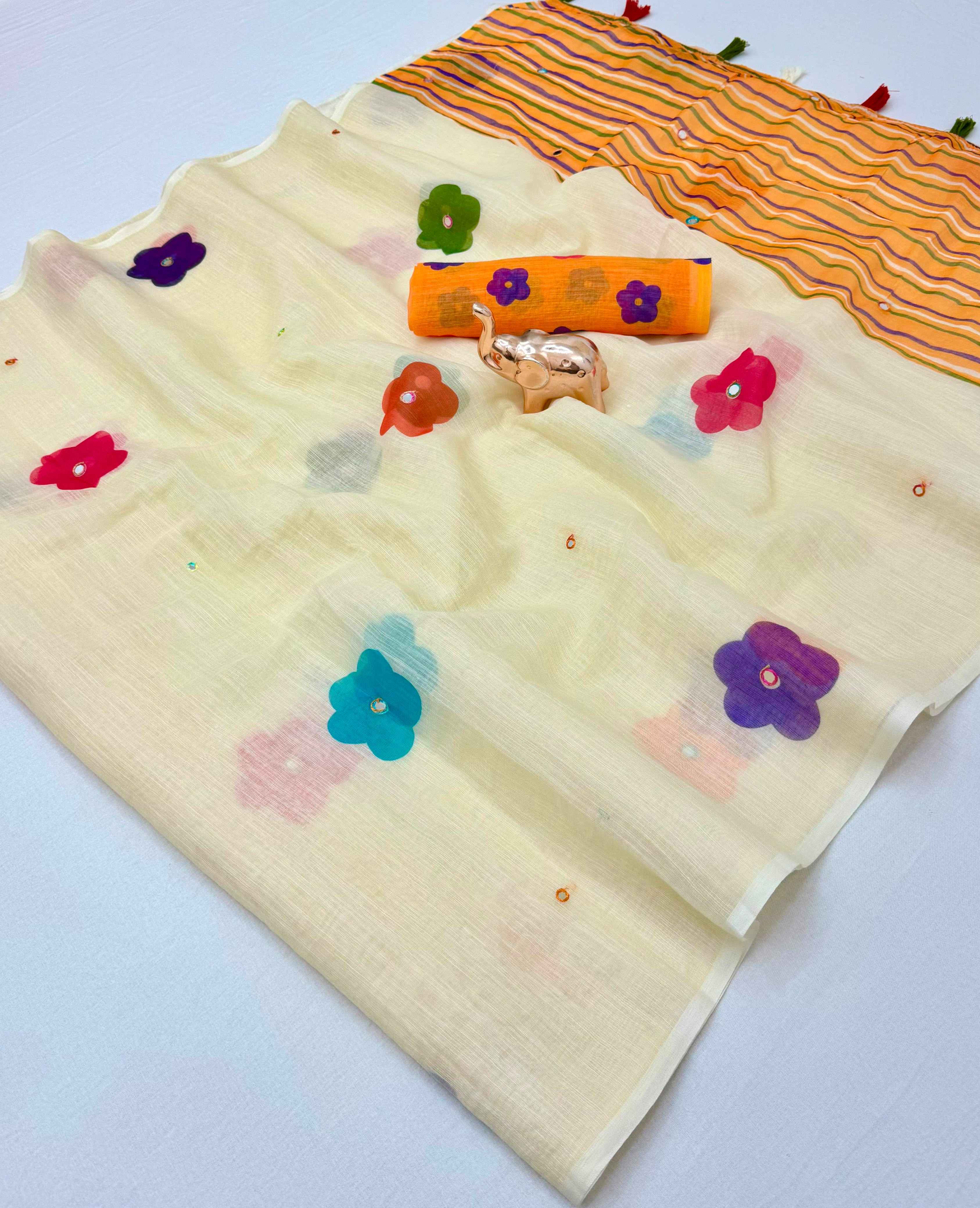 SOFT LINEN COTTON MIRROR WORK PRINTED SAREE