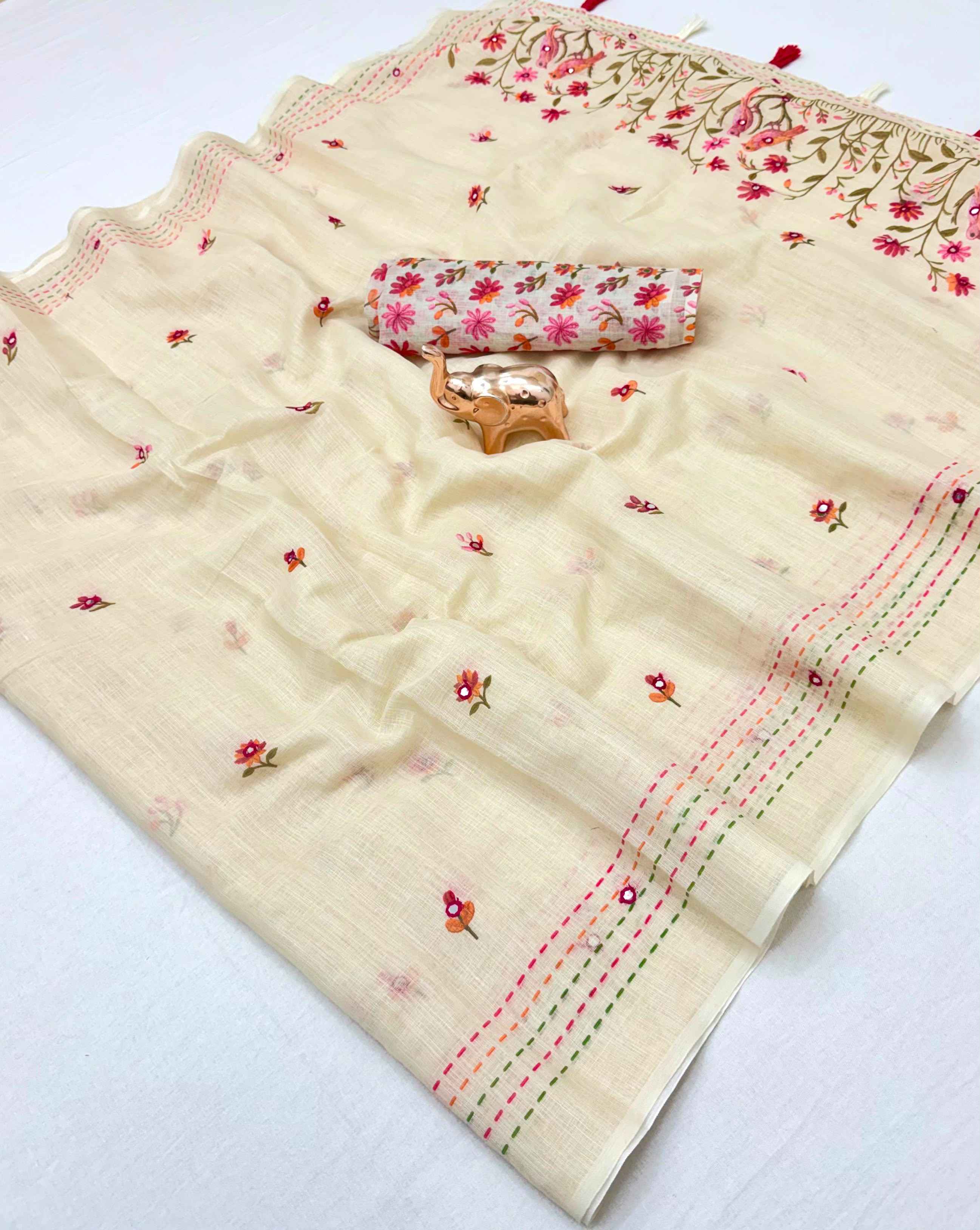 SOFT LINEN COTTON MIRROR WORK PRINTED SAREE
