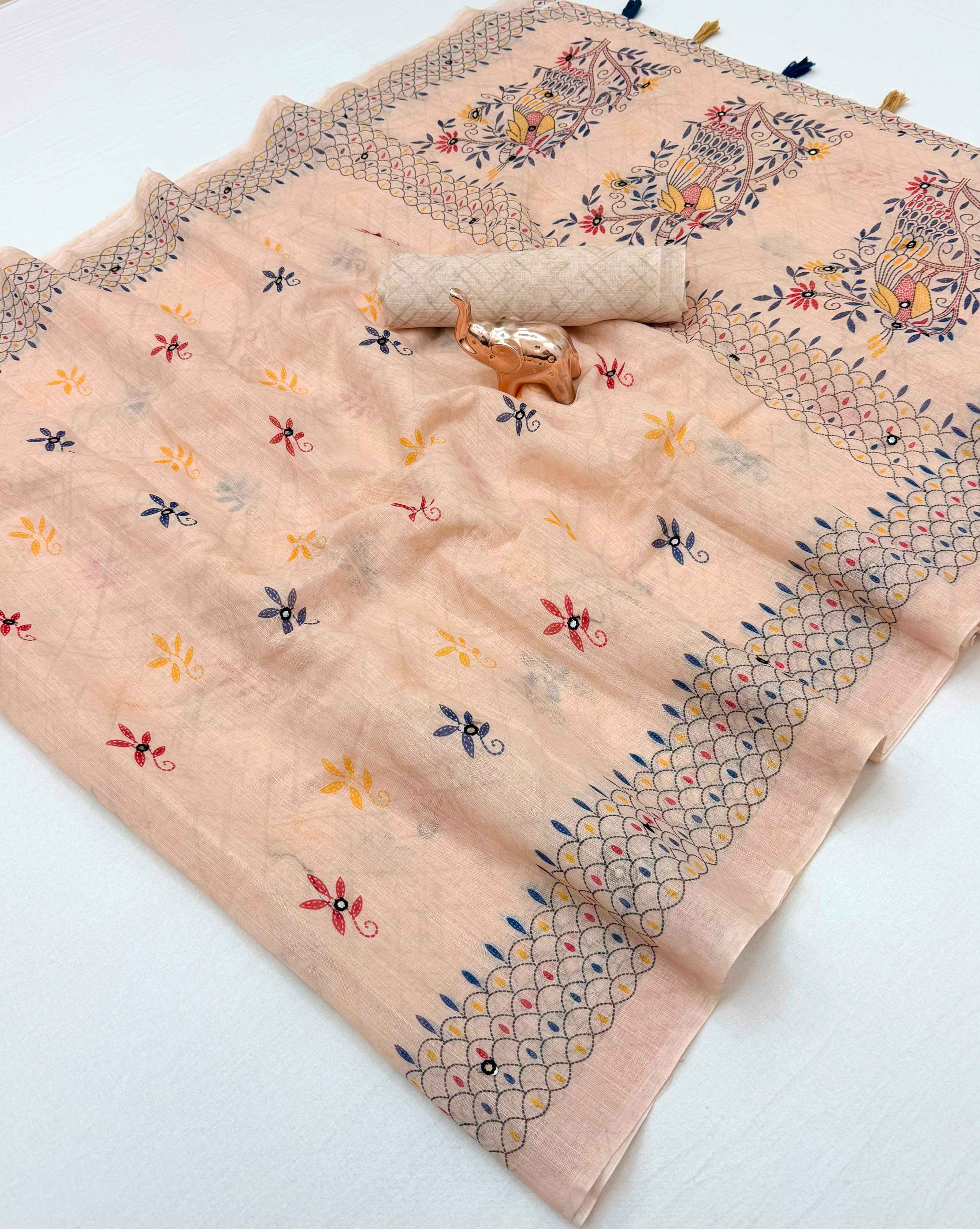 SOFT LINEN COTTON MIRROR WORK PRINTED SAREE