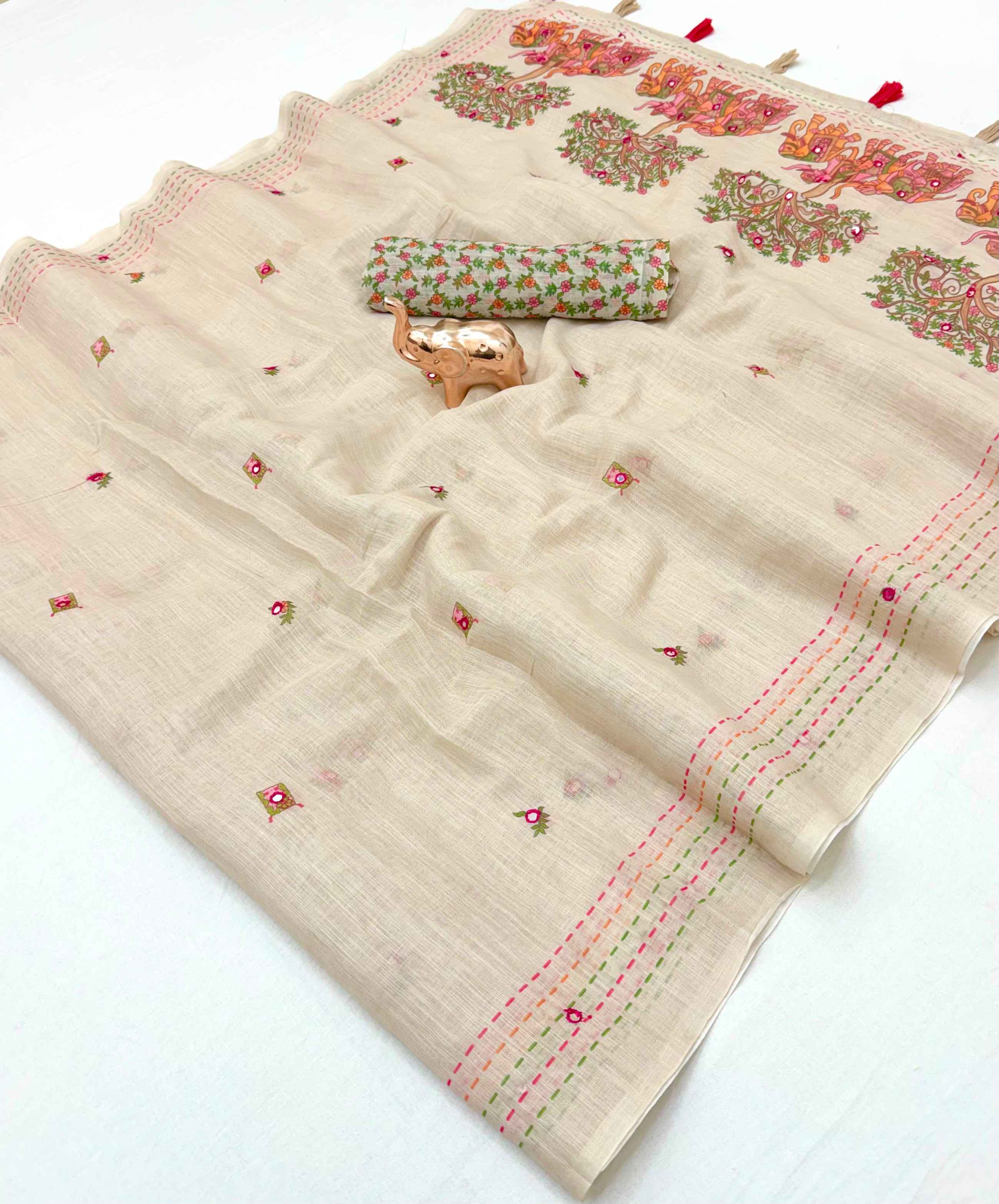 SOFT LINEN COTTON MIRROR WORK PRINTED SAREE