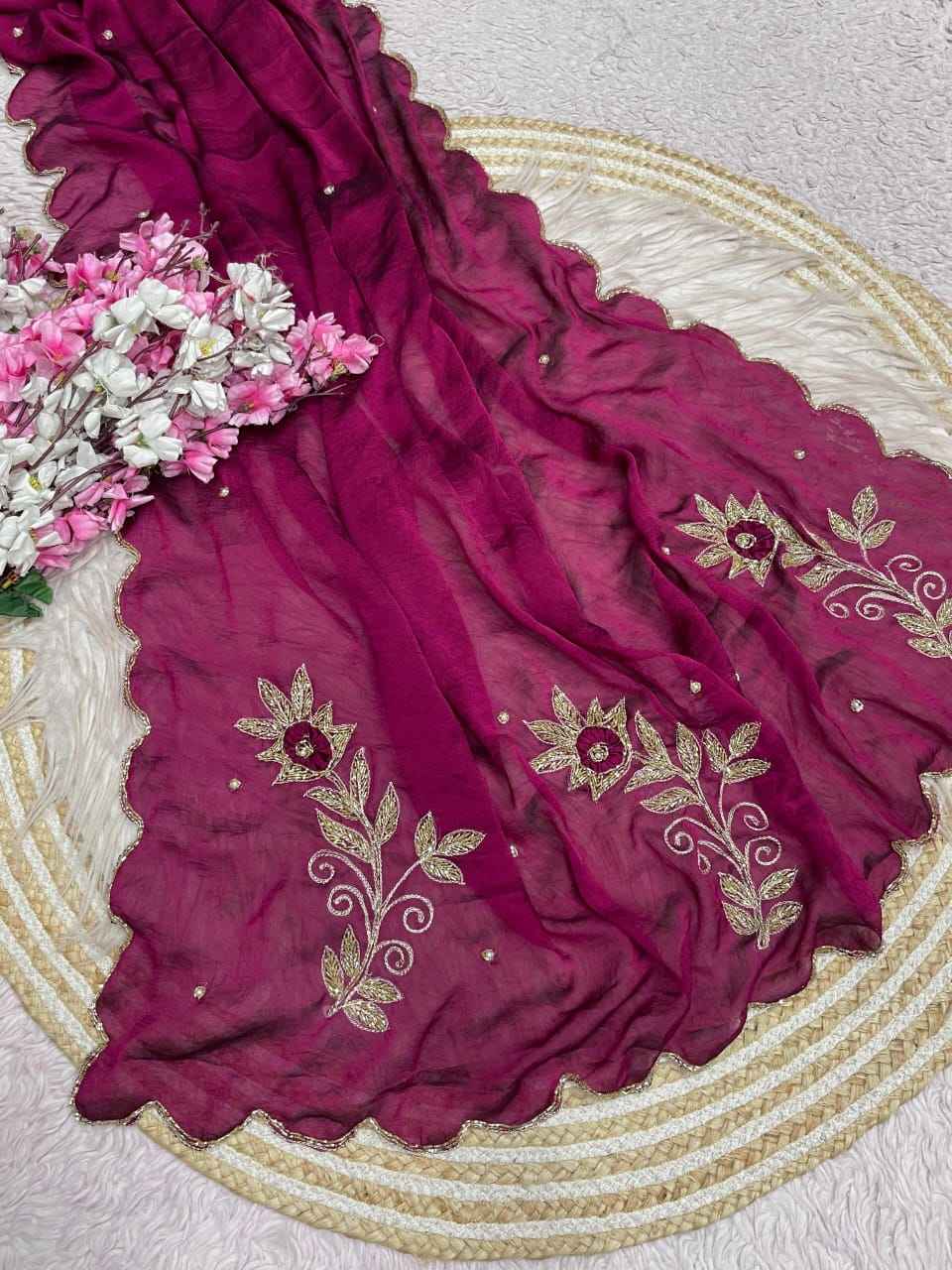 SOFT RANGOLI CRUSH MOTI AND RESHAM THREAD WORK SAREE 1