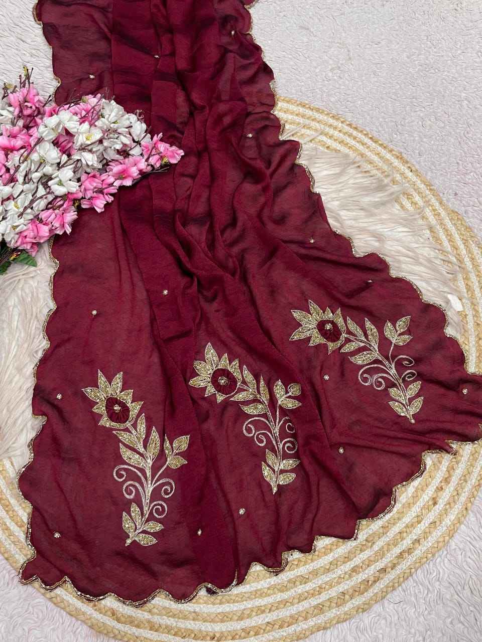 SOFT RANGOLI CRUSH MOTI AND RESHAM THREAD WORK SAREE 1