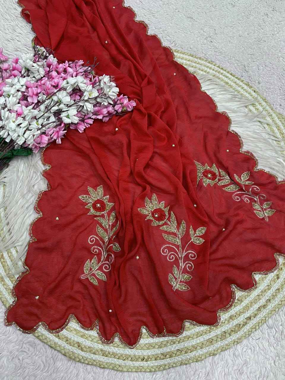 SOFT RANGOLI CRUSH MOTI AND RESHAM THREAD WORK SAREE 1