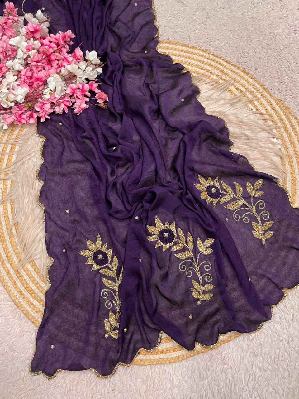 SOFT RANGOLI CRUSH MOTI AND RESHAM THREAD WORK SAREE 1