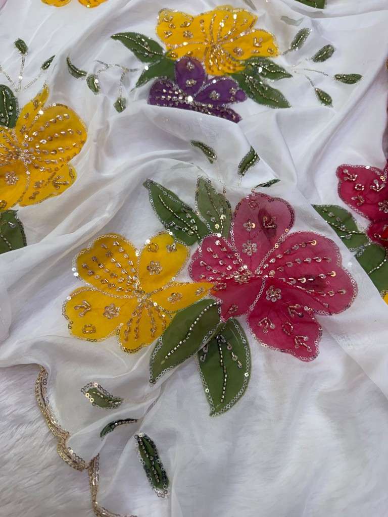 SOFT TEBBY SILK FLORAL HANDPRINT BEADS HANDWORK SAREE