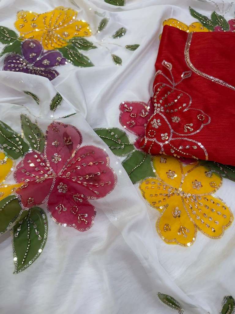 SOFT TEBBY SILK FLORAL HANDPRINT BEADS HANDWORK SAREE