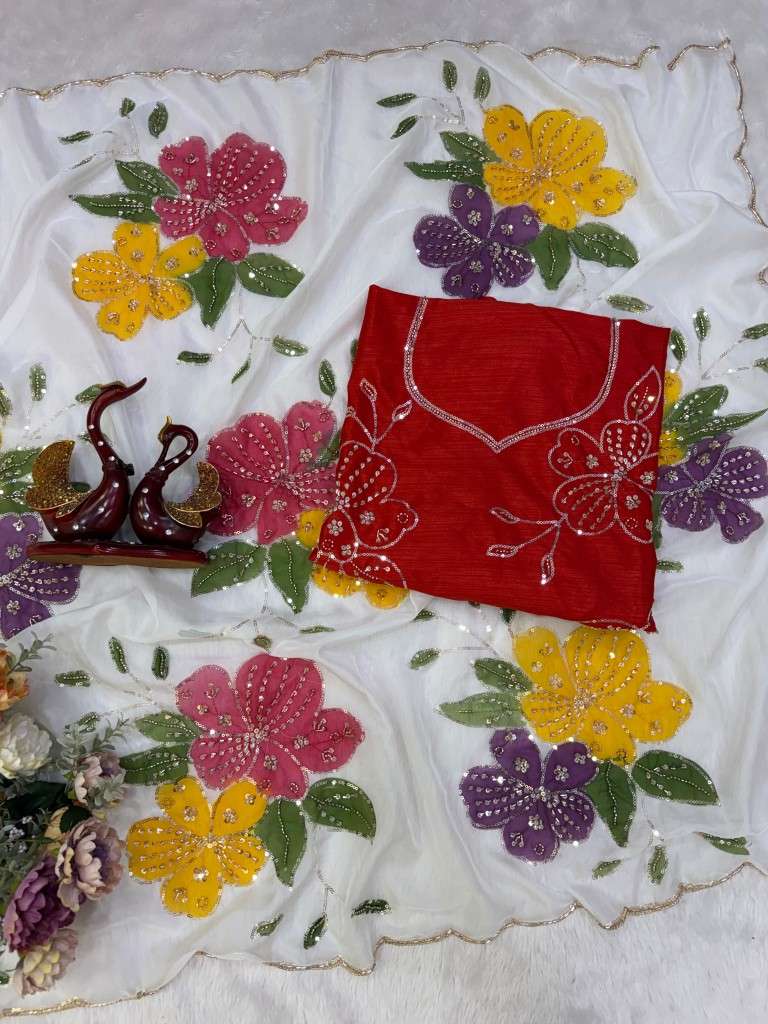 SOFT TEBBY SILK FLORAL HANDPRINT BEADS HANDWORK SAREE