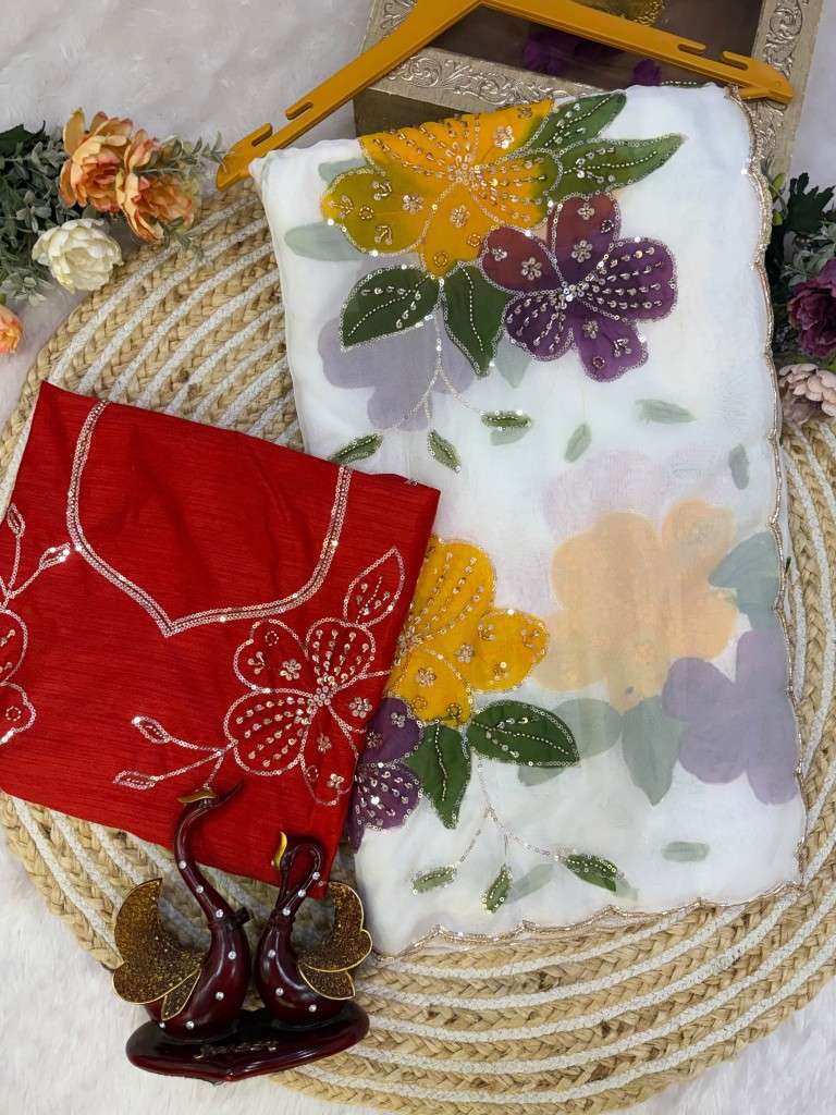 SOFT TEBBY SILK FLORAL HANDPRINT BEADS HANDWORK SAREE