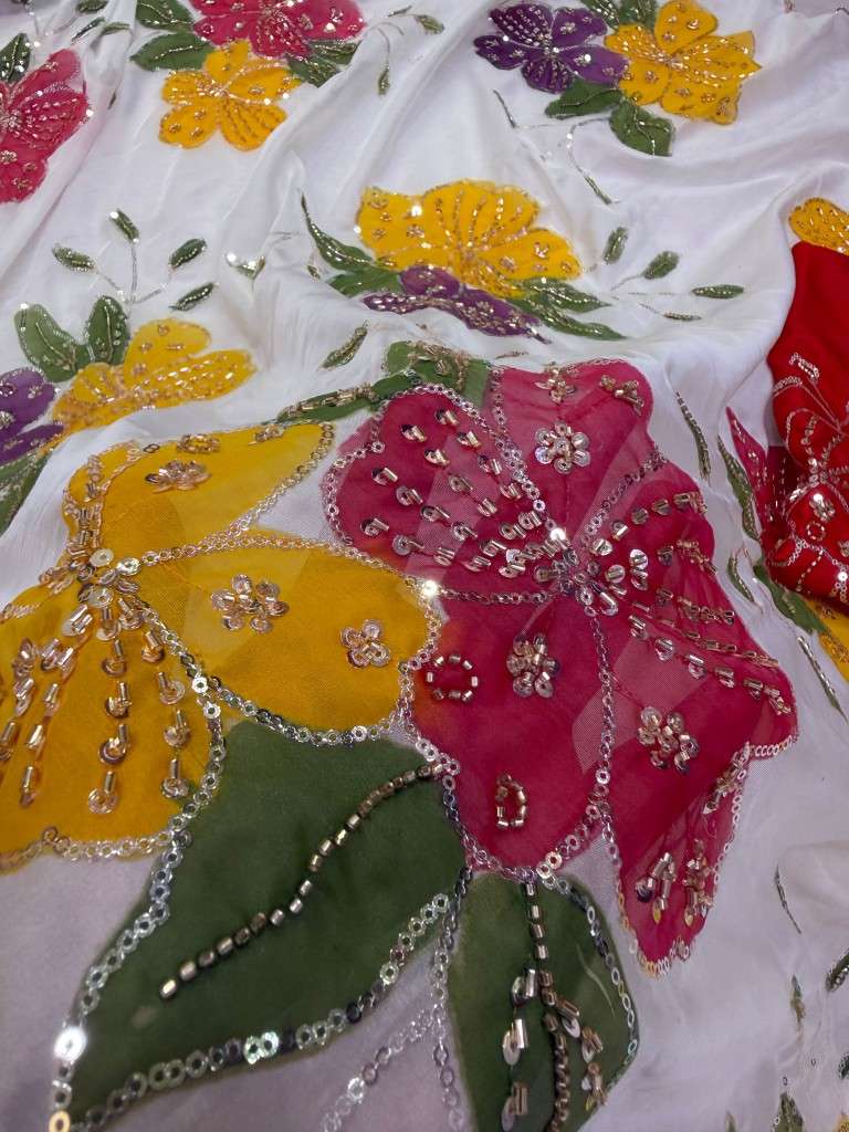 SOFT TEBBY SILK FLORAL HANDPRINT BEADS HANDWORK SAREE