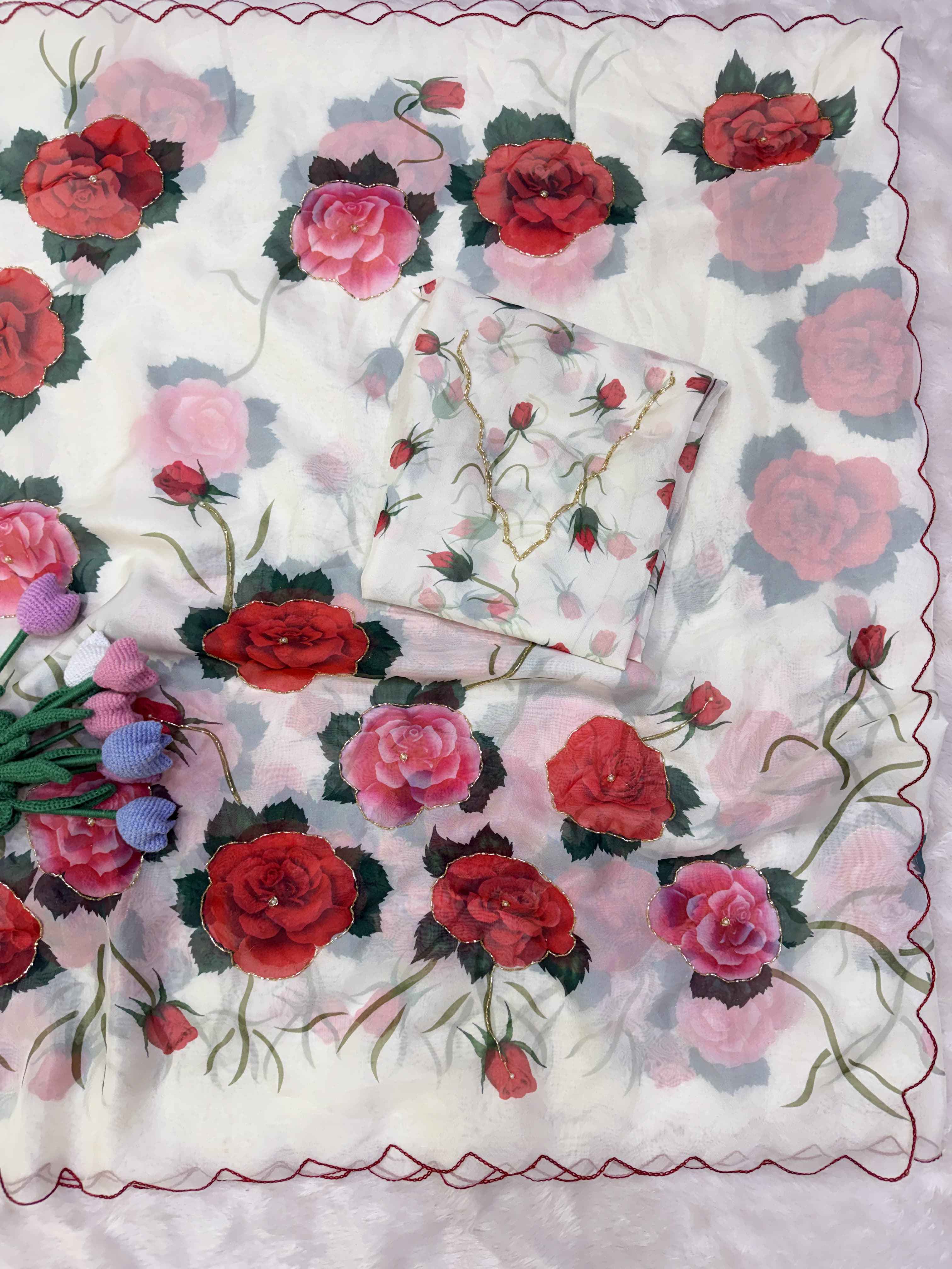 SOFT TEBBY SILK FLORAL PRINT KATDANA HANDWORK SAREE 3