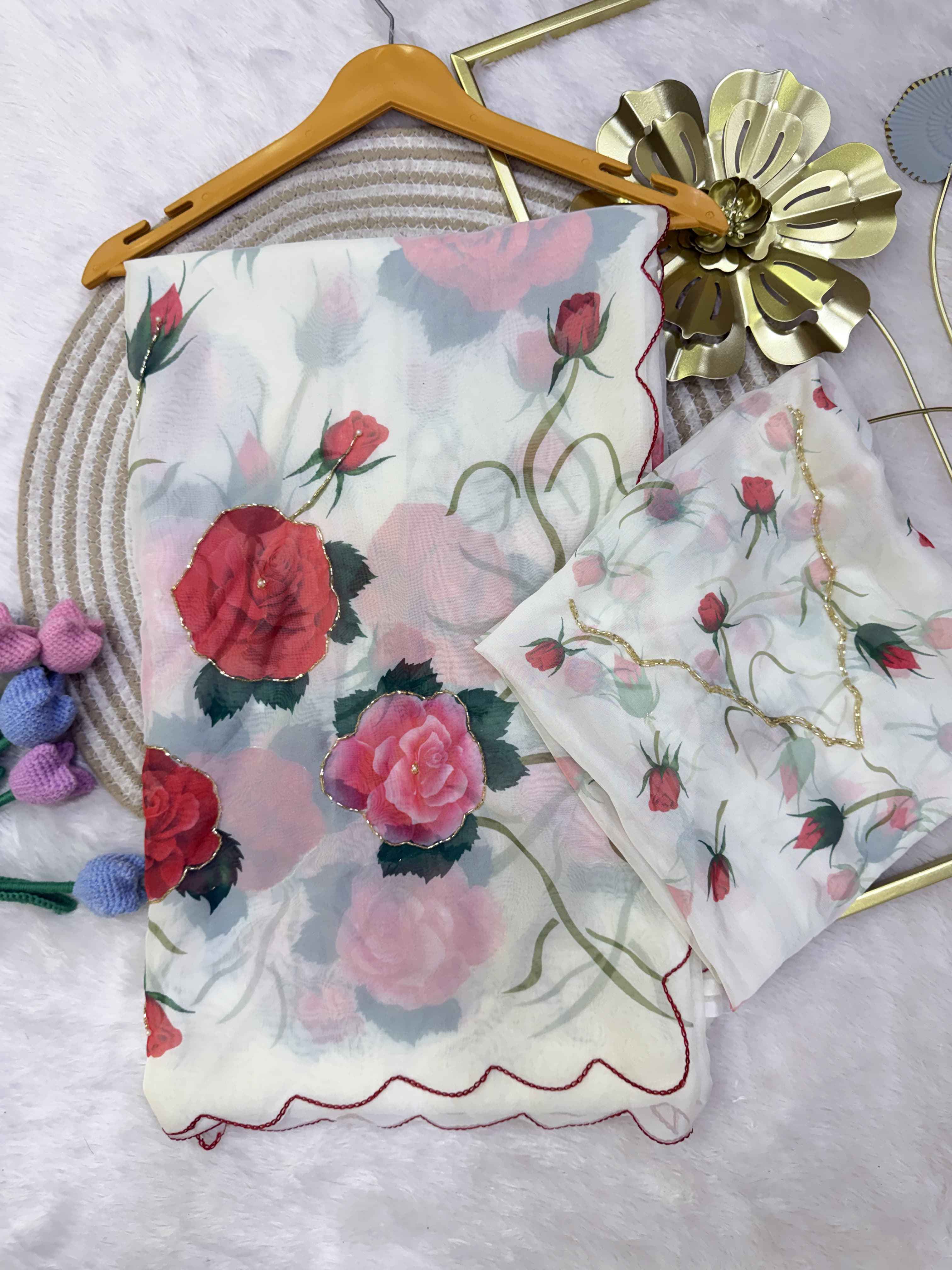 SOFT TEBBY SILK FLORAL PRINT KATDANA HANDWORK SAREE 3