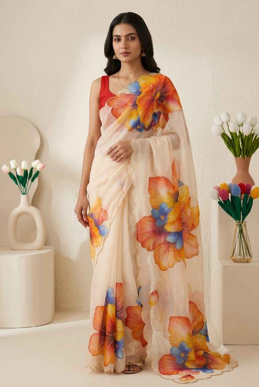 SOFT TEBBY SILK FLORAL PRINT KATDANA HANDWORK SAREE 2