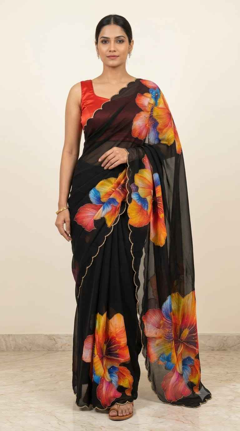 SOFT TEBBY SILK FLORAL PRINT KATDANA HANDWORK SAREE 2