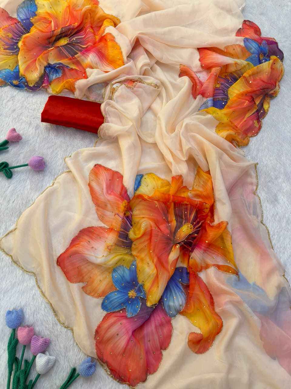 SOFT TEBBY SILK FLORAL PRINT KATDANA HANDWORK SAREE 2