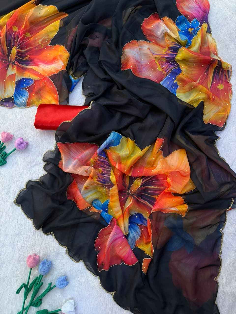 SOFT TEBBY SILK FLORAL PRINT KATDANA HANDWORK SAREE 2
