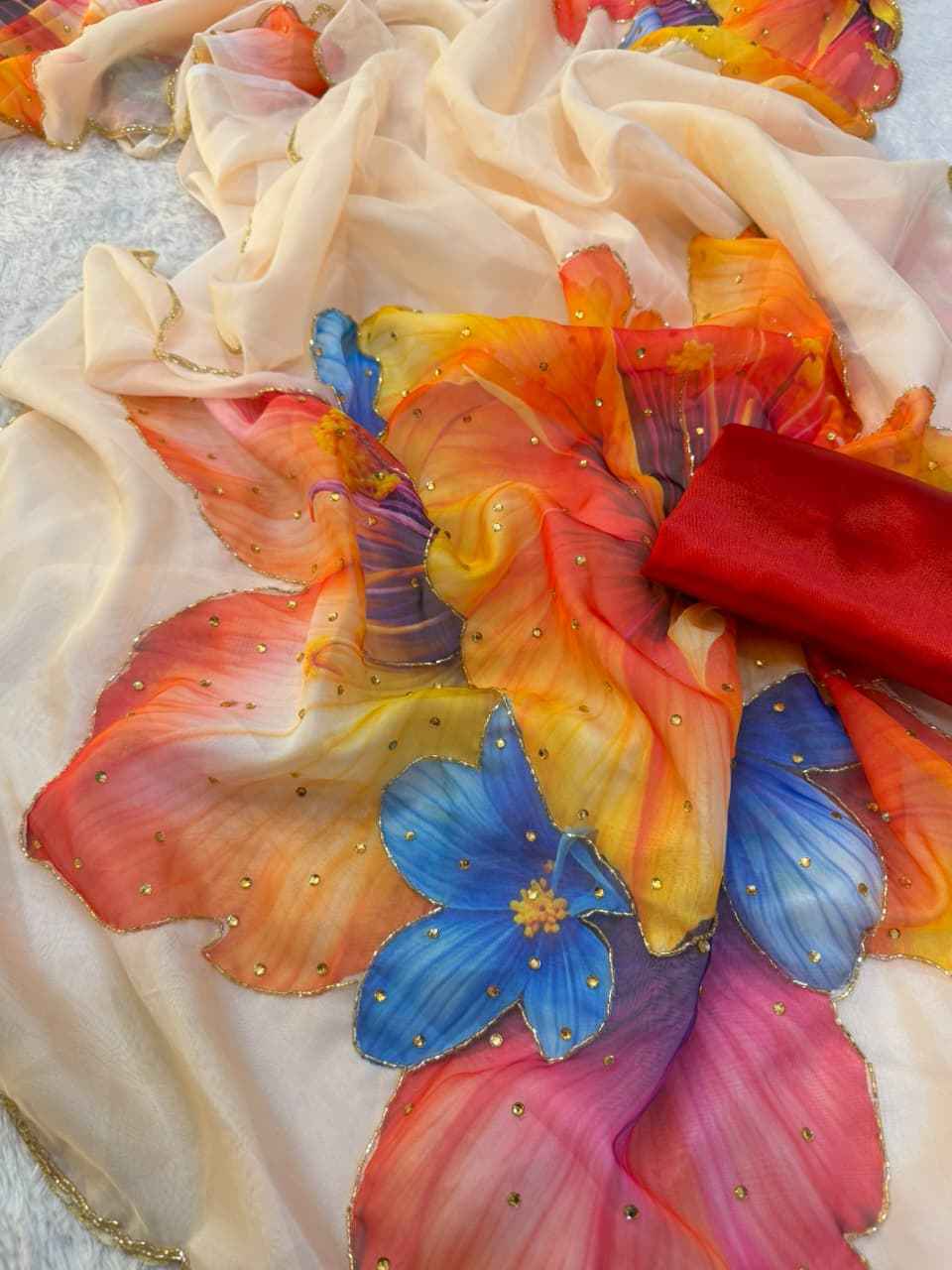 SOFT TEBBY SILK FLORAL PRINT KATDANA HANDWORK SAREE 2