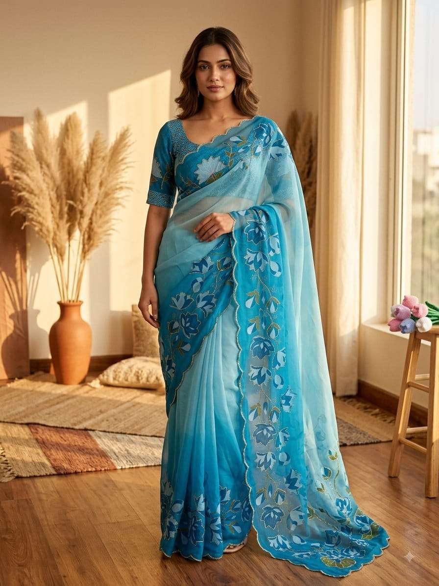 SOFT TEBBY SILK FLORAL PRINT KATDANA HANDWORK SAREE 4