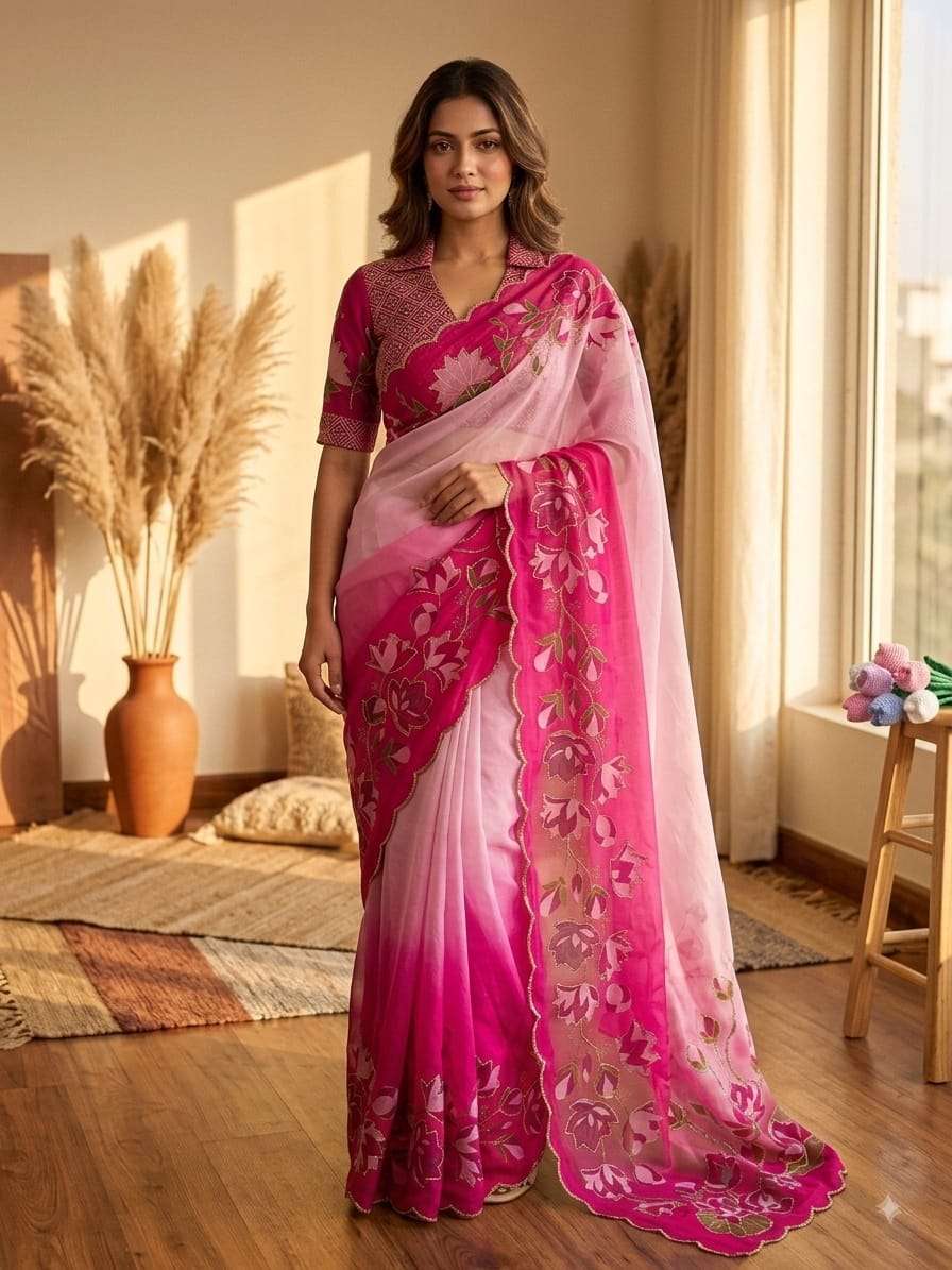 SOFT TEBBY SILK FLORAL PRINT KATDANA HANDWORK SAREE 4