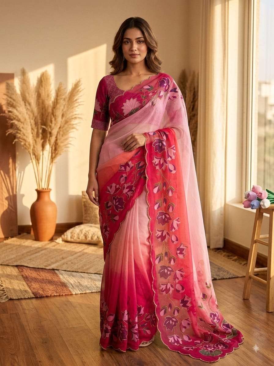 SOFT TEBBY SILK FLORAL PRINT KATDANA HANDWORK SAREE 4