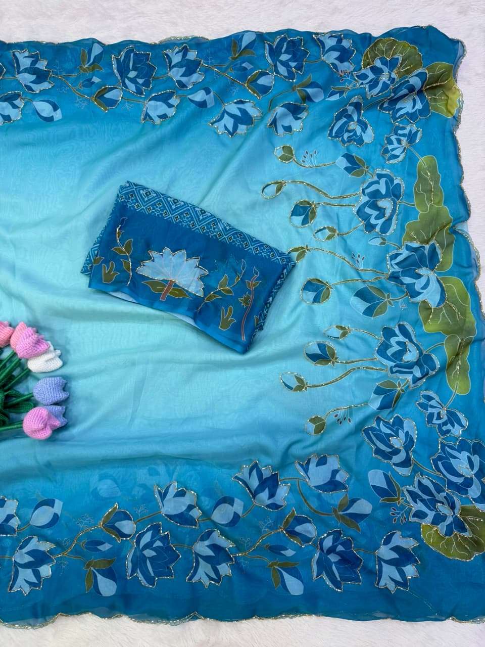 SOFT TEBBY SILK FLORAL PRINT KATDANA HANDWORK SAREE 4
