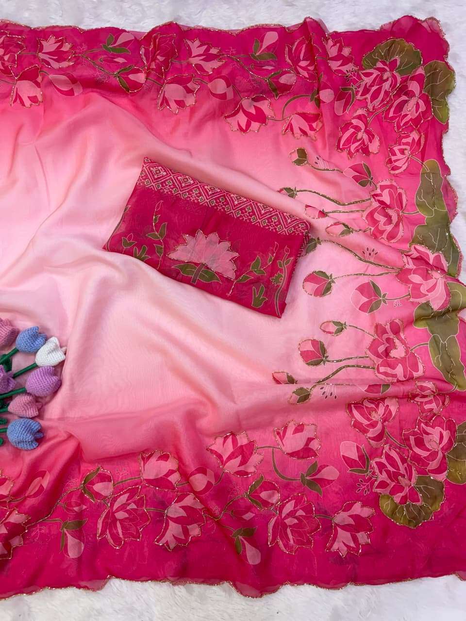SOFT TEBBY SILK FLORAL PRINT KATDANA HANDWORK SAREE 4