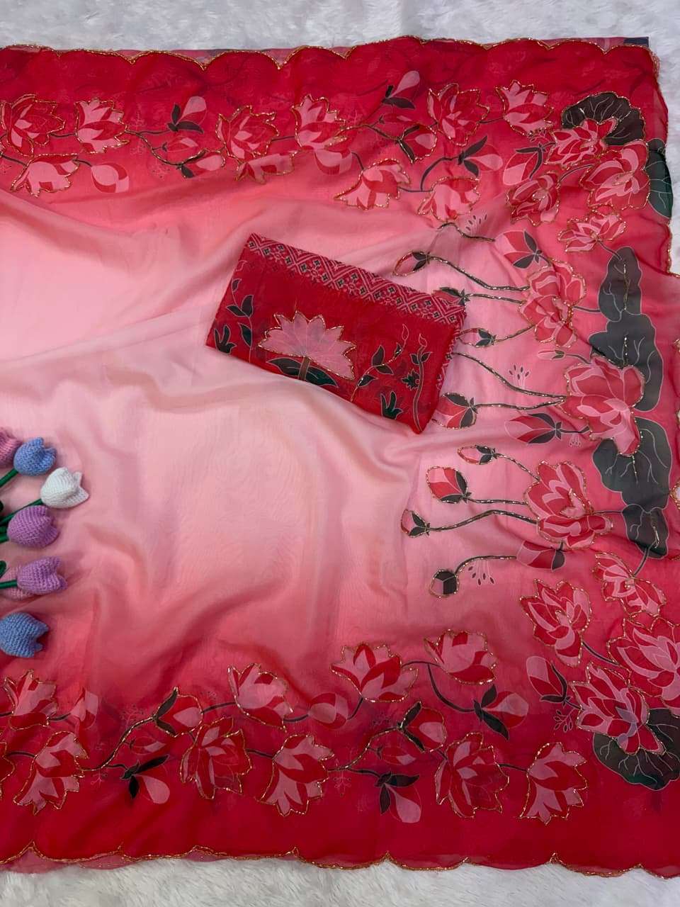 SOFT TEBBY SILK FLORAL PRINT KATDANA HANDWORK SAREE 4