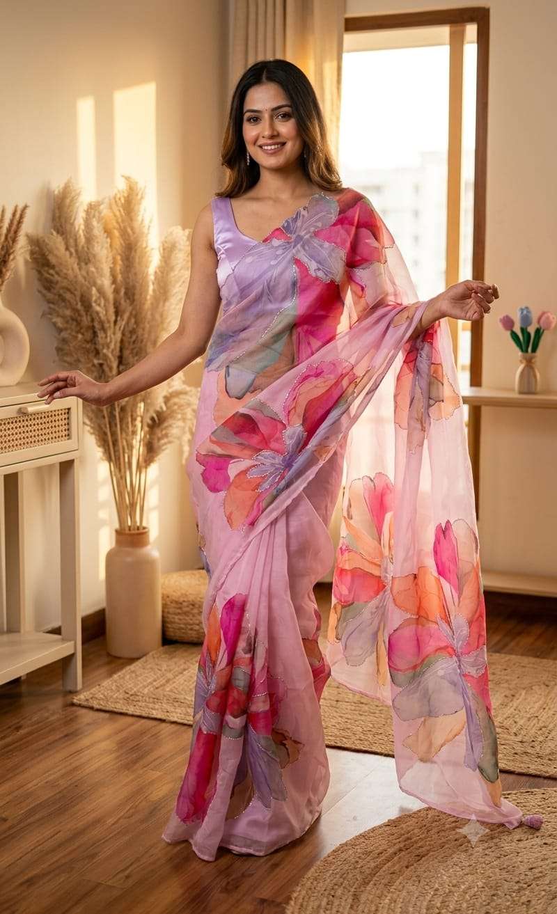 SOFT TEBBY SILK FLORAL PRINT KATDANA HANDWORK SAREE 6