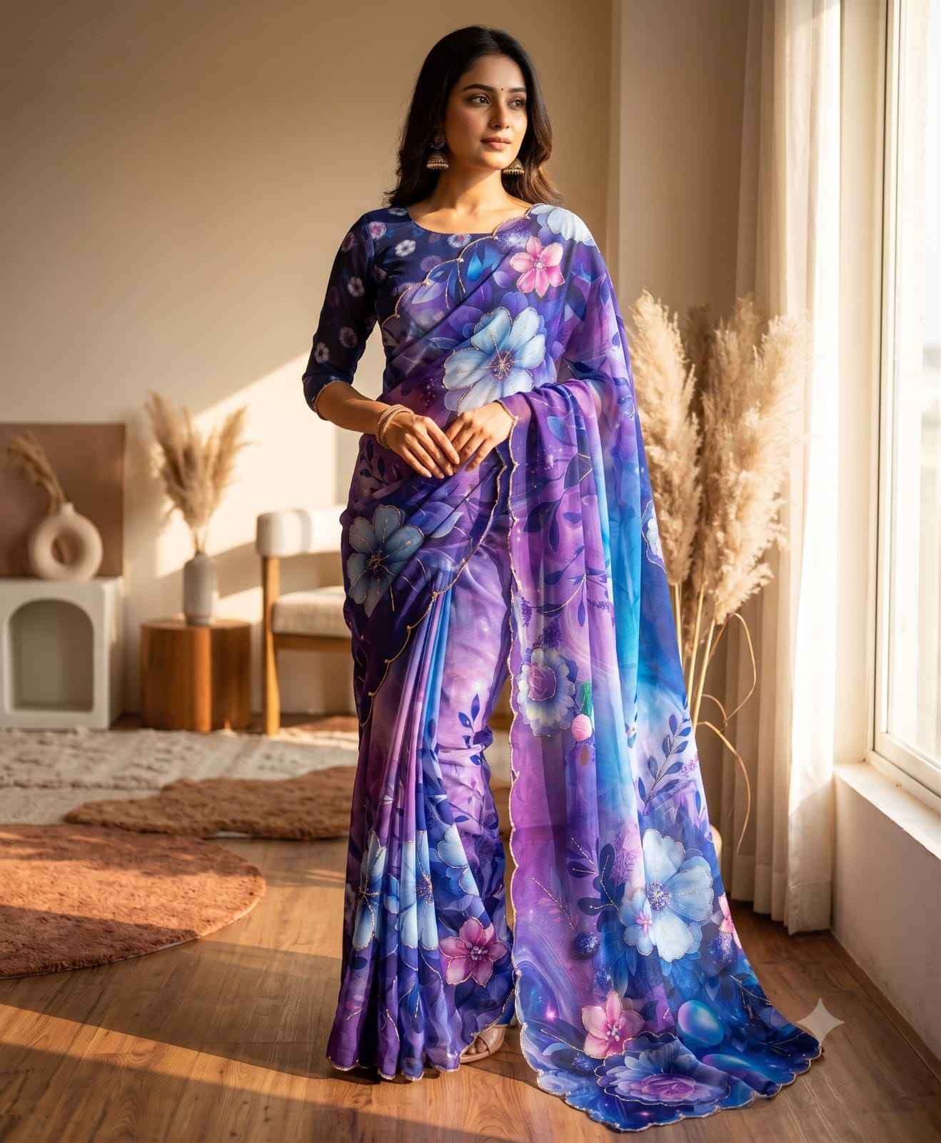 SOFT TEBBY SILK FLORAL PRINT KATDANA HANDWORK SAREE 5