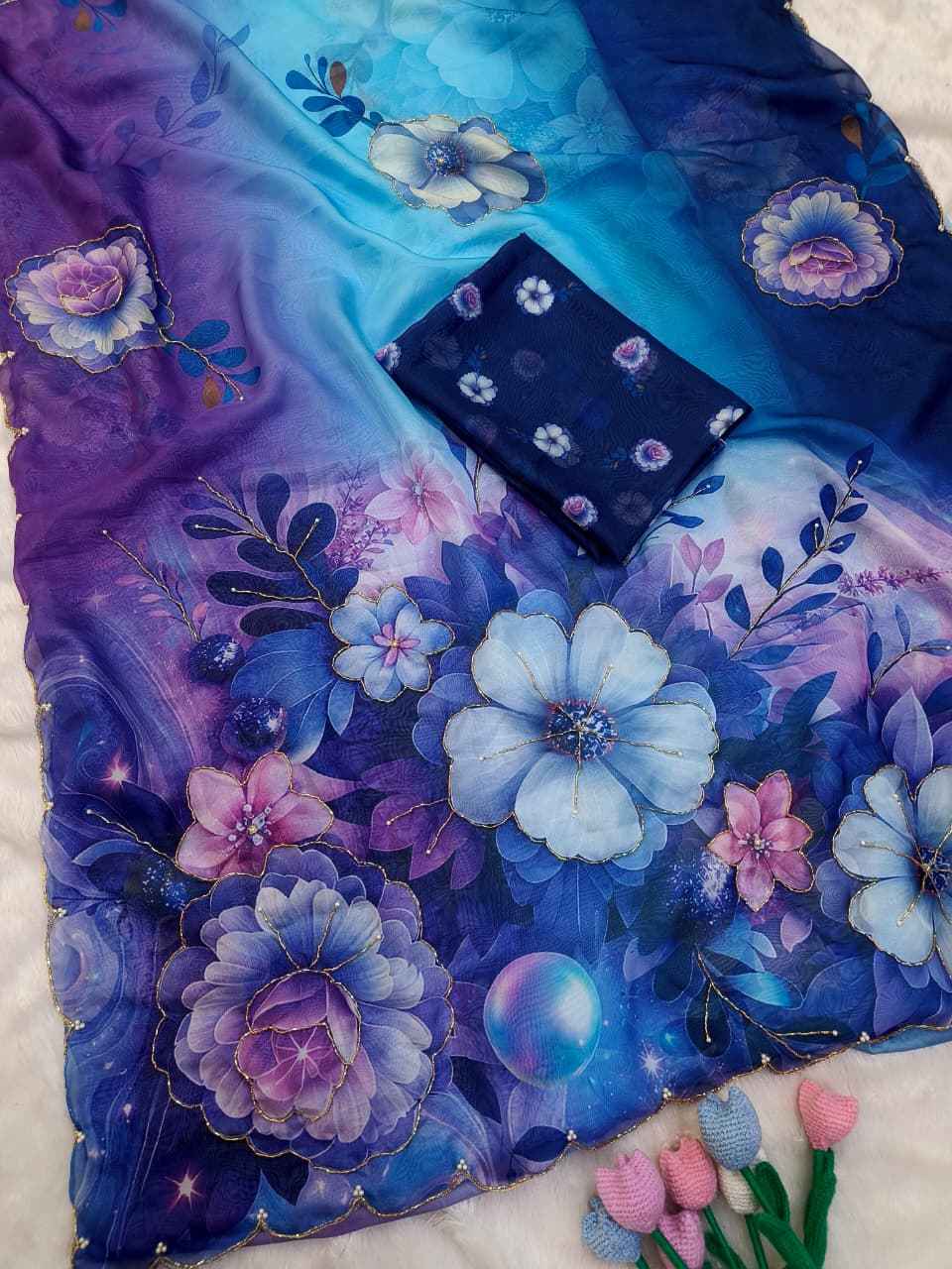 SOFT TEBBY SILK FLORAL PRINT KATDANA HANDWORK SAREE 5