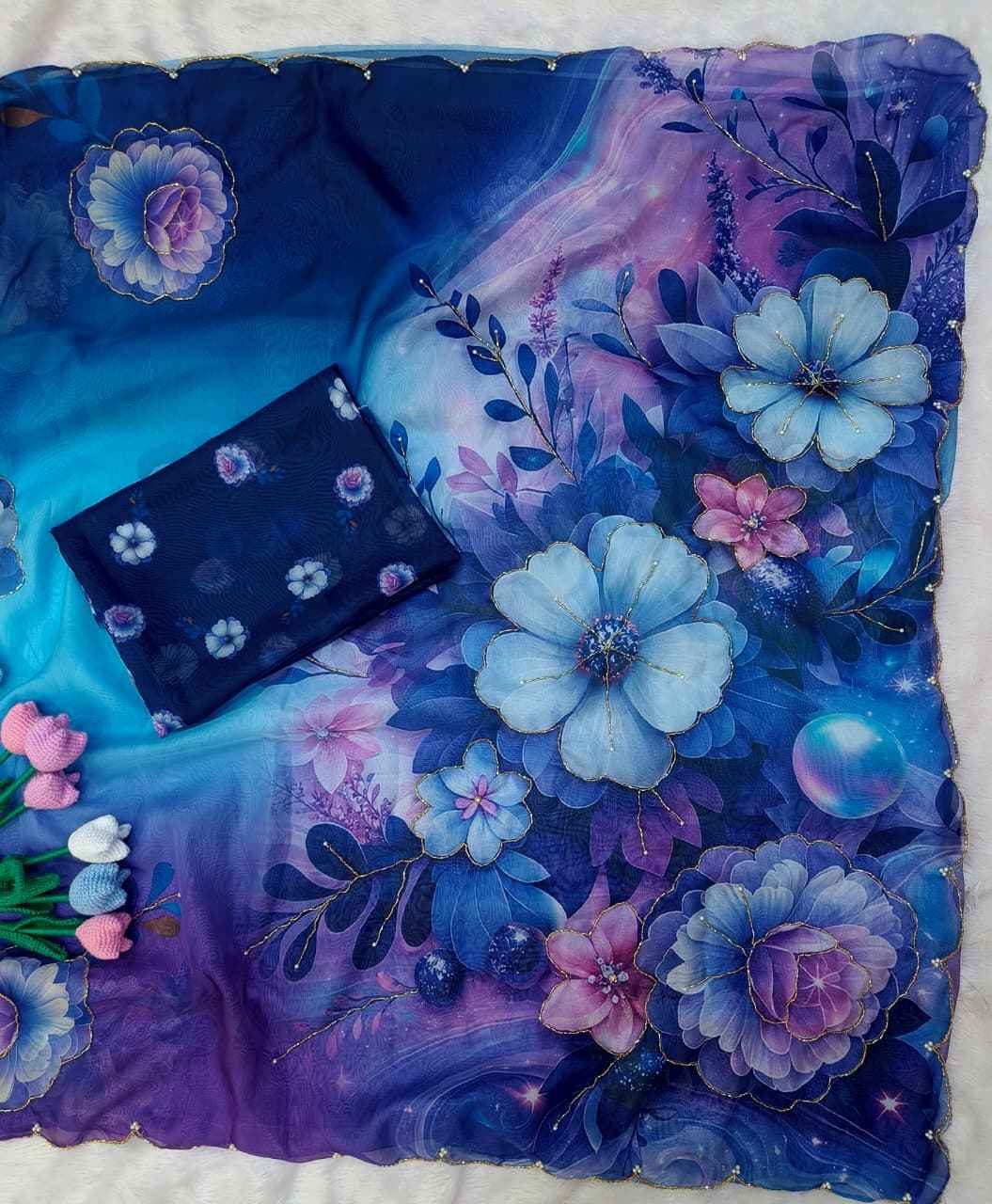 SOFT TEBBY SILK FLORAL PRINT KATDANA HANDWORK SAREE 5