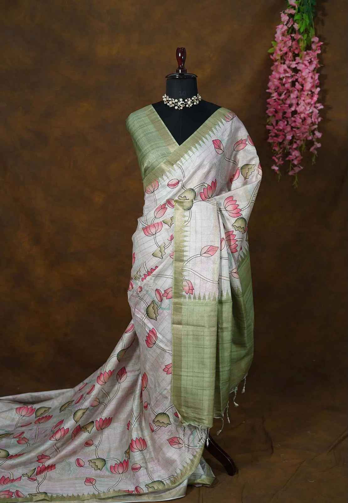SOFT TUSSAR SILK ZARI WEAVING PICHWAI PRINT SAREE 