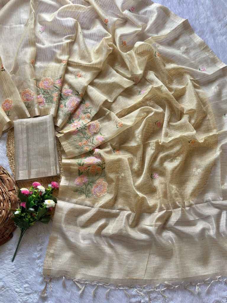 SOFT TUSSER SILK ZARI LINES EMBROIDERY WORK SAREE