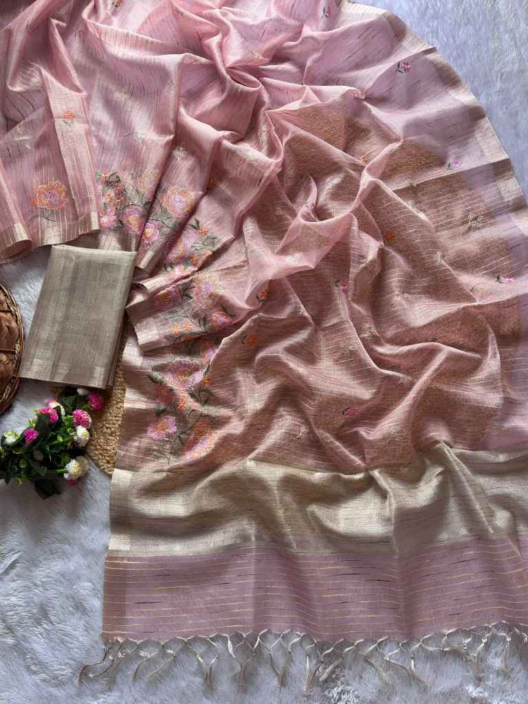 SOFT TUSSER SILK ZARI LINES EMBROIDERY WORK SAREE