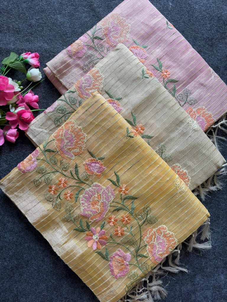 SOFT TUSSER SILK ZARI LINES EMBROIDERY WORK SAREE