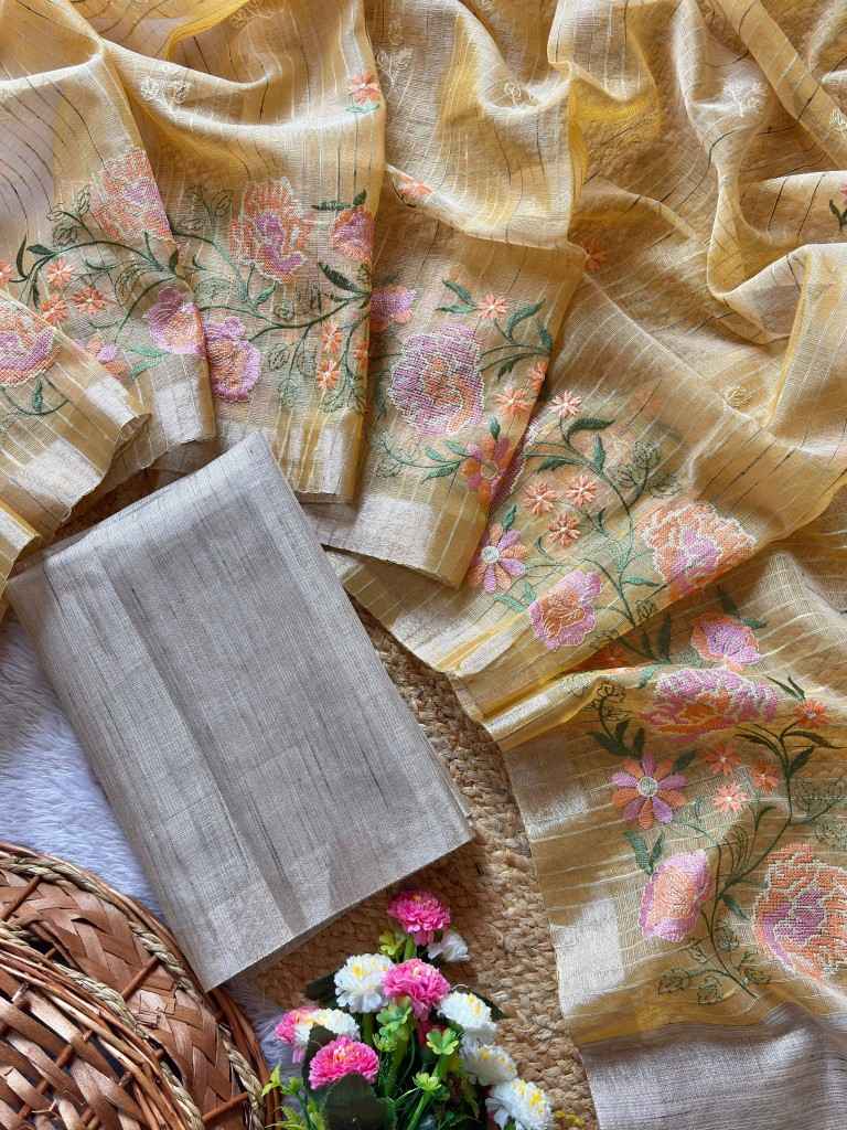 SOFT TUSSER SILK ZARI LINES EMBROIDERY WORK SAREE