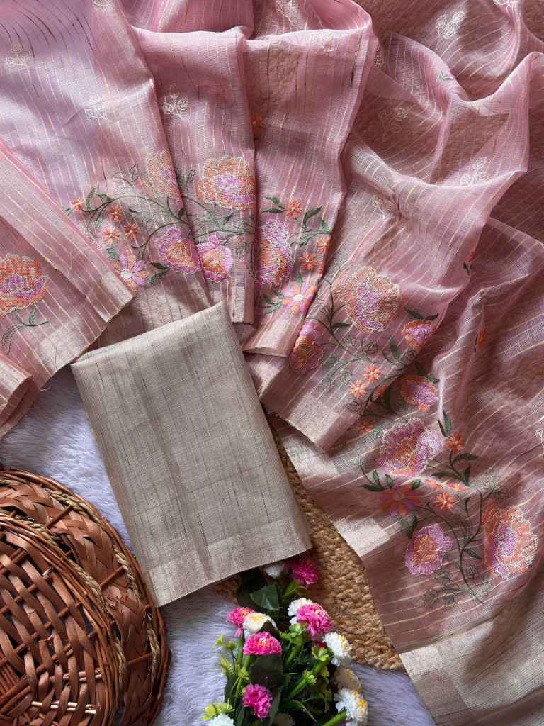 SOFT TUSSER SILK ZARI LINES EMBROIDERY WORK SAREE