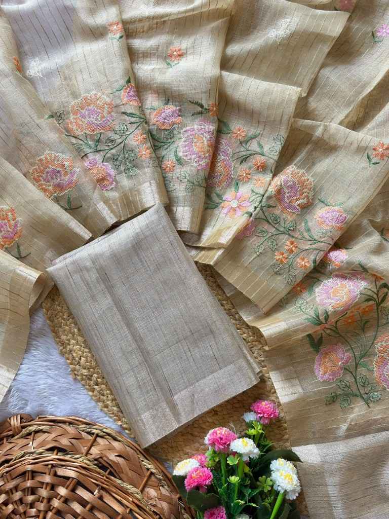 SOFT TUSSER SILK ZARI LINES EMBROIDERY WORK SAREE
