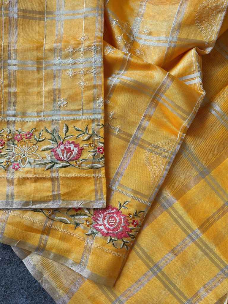 SOFT TUSSER SILK ZARI CHEX EMBROIDERY WORK SAREE 1