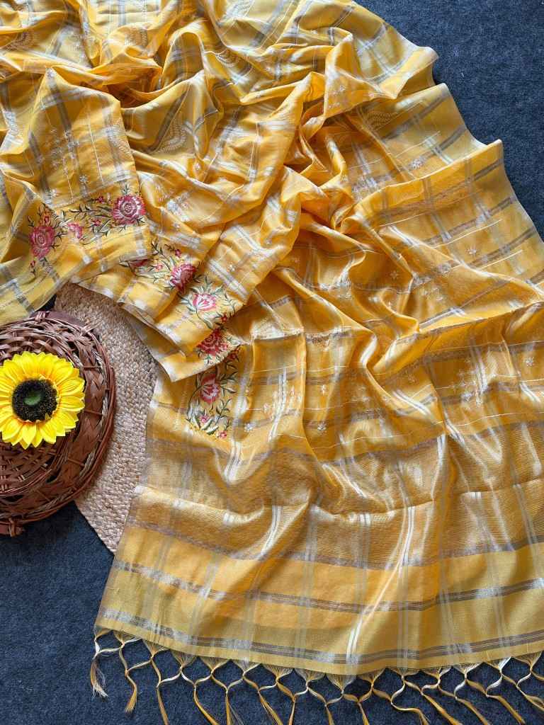 SOFT TUSSER SILK ZARI CHEX EMBROIDERY WORK SAREE 1